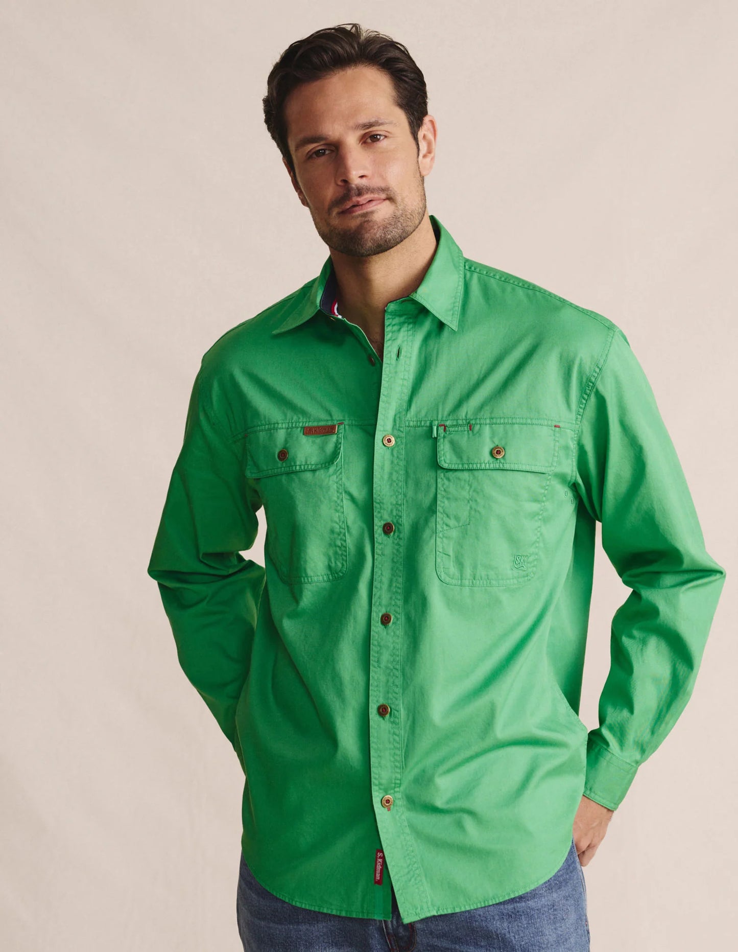Kidman Mens Armstrong Long Sleeve Full Button Workshirt - Green