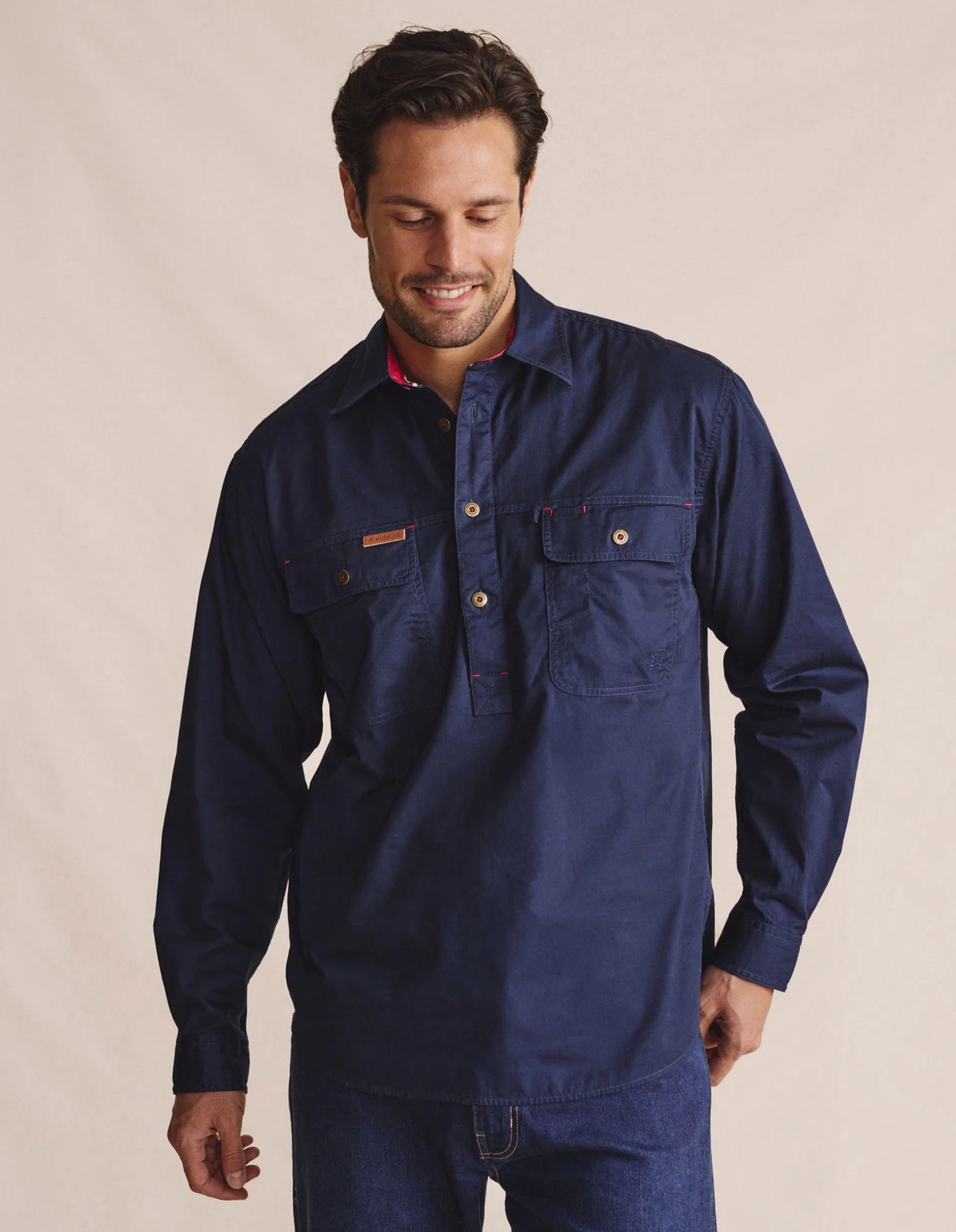 Kidman Mens Brockman Half Button Long Sleeve Workshirt - Navy