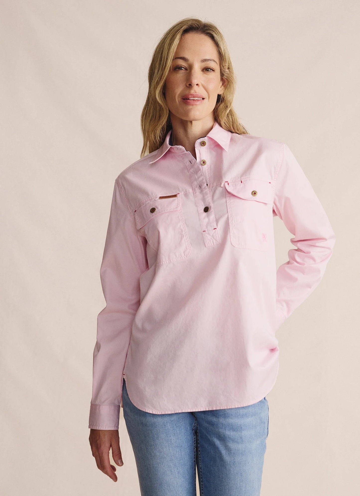 Kidman Womens Camfield Long Sleeve Half Button Work Shirt - Pale Pink
