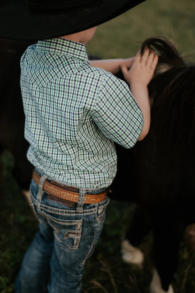 Little Windmill Clothing Co. "Colton" Fresh Green & Blue Gingham Short Sleeve Shirt