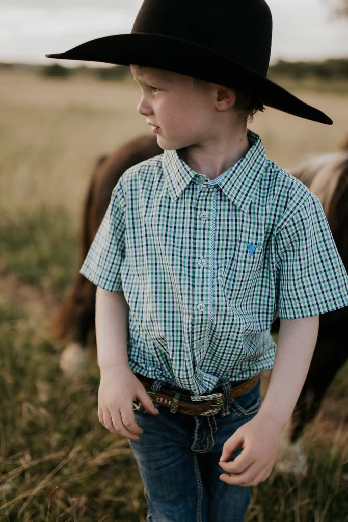 Little Windmill Clothing Co. "Colton" Fresh Green & Blue Gingham Short Sleeve Shirt