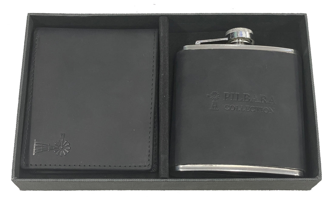Pilbara Leather Wallet & Hip Flask