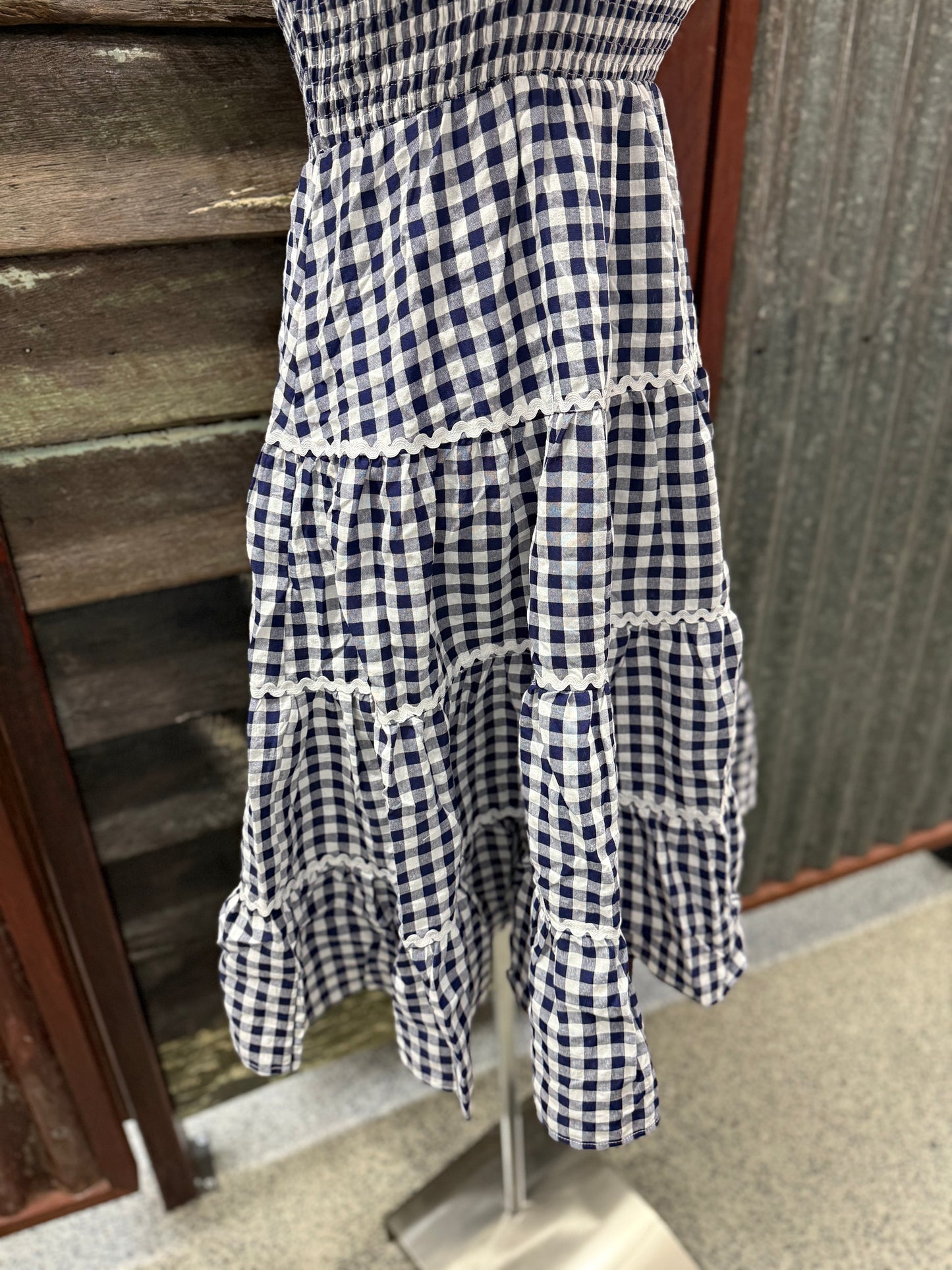 Fria the Label Dress - Cotton Gingham Tier Dress With Lace Trim Navy