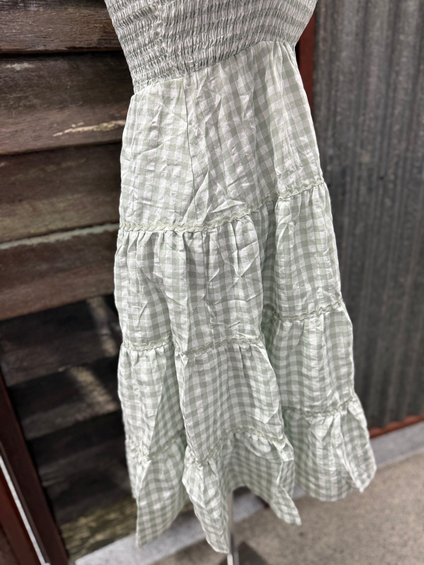 Fria the Label Dress - Cotton Gingham Tier Dress With Lace Trim Sage