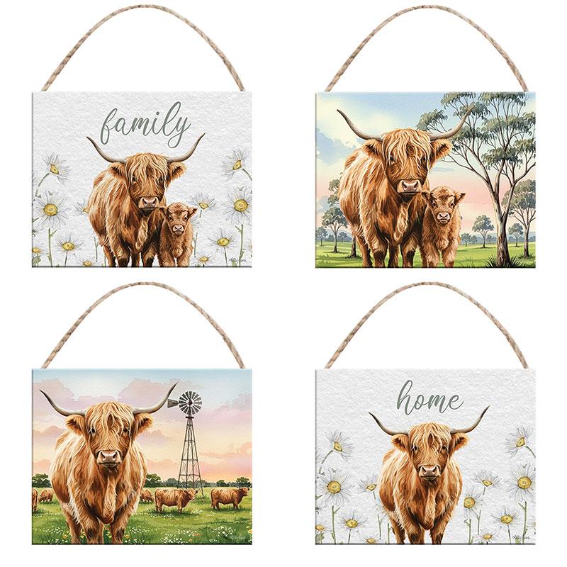 Malmar 25x20 MDF Hanging Plaque with Highland Cow Design by Kelly Lane 4 Asstd
