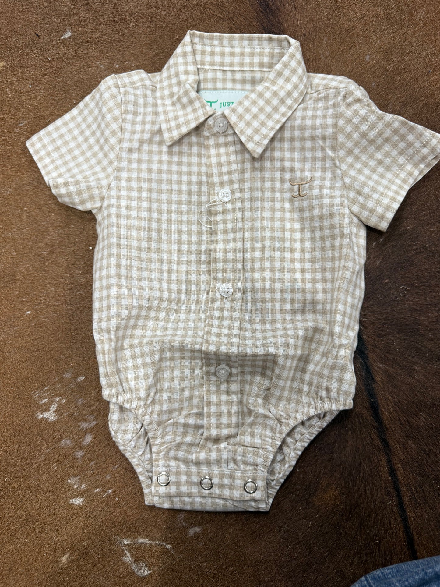 Just Country Infant Frankie Short Sleeve Full Button Jumpsuit Fawn Small Check