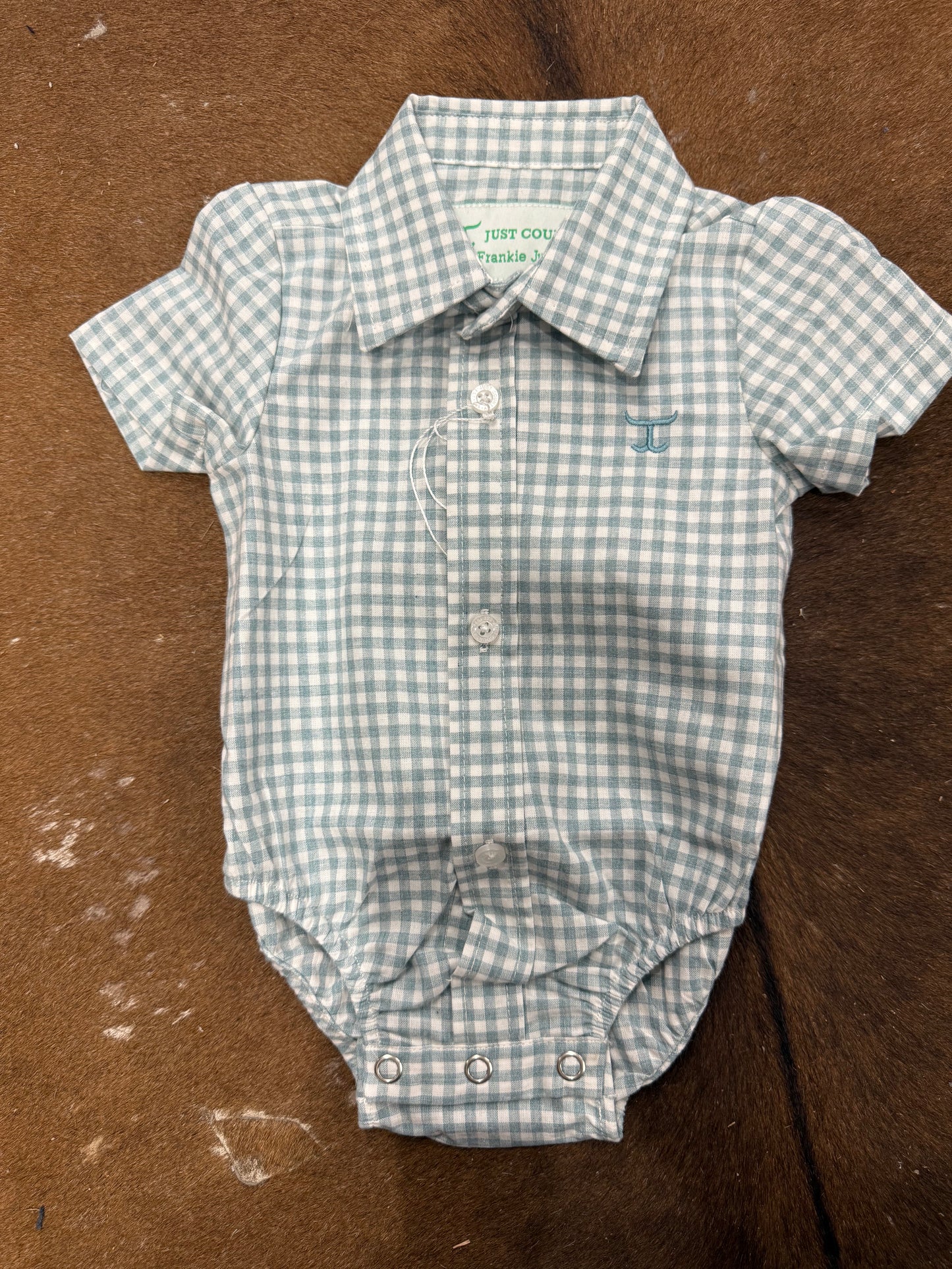 Just Country Infant Frankie Short Sleeve Full Button Jumpsuit Dusty Turquoise Small Check IWSS2537