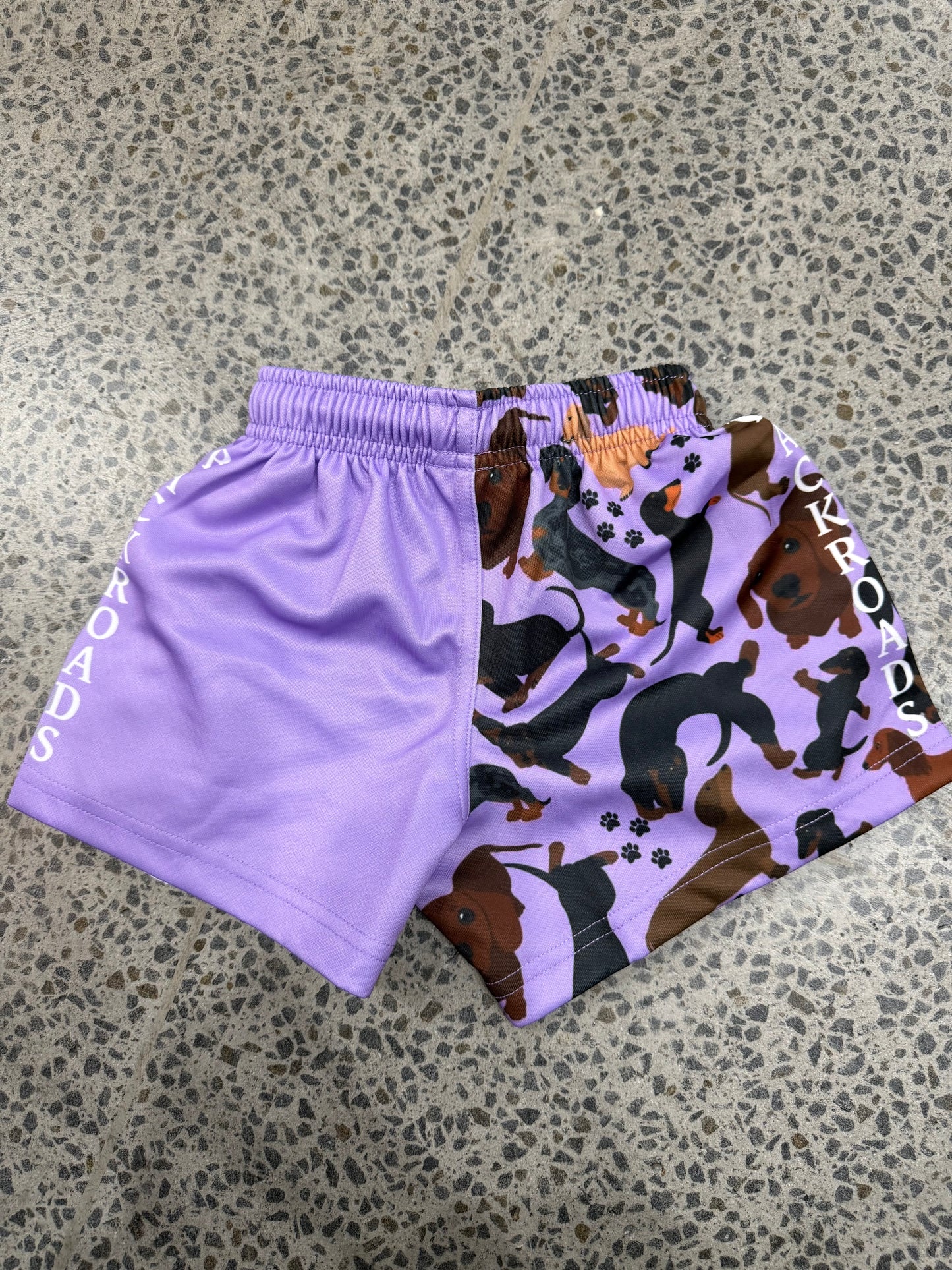 Backroads Kids Footy Shorts - Purple Dachshund