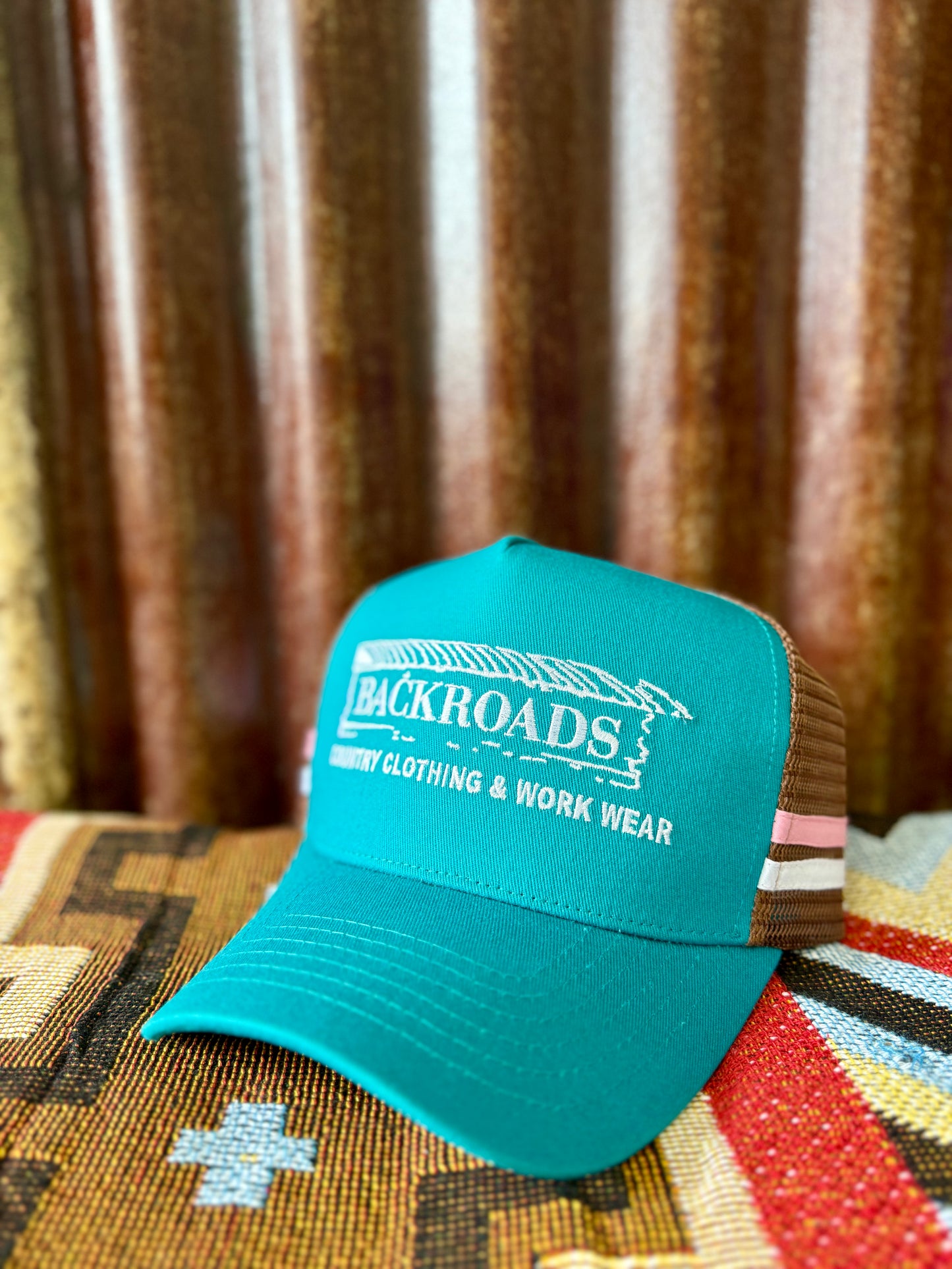 Backroads Cap - Teal, Brown Mesh, Pink & White Stripes