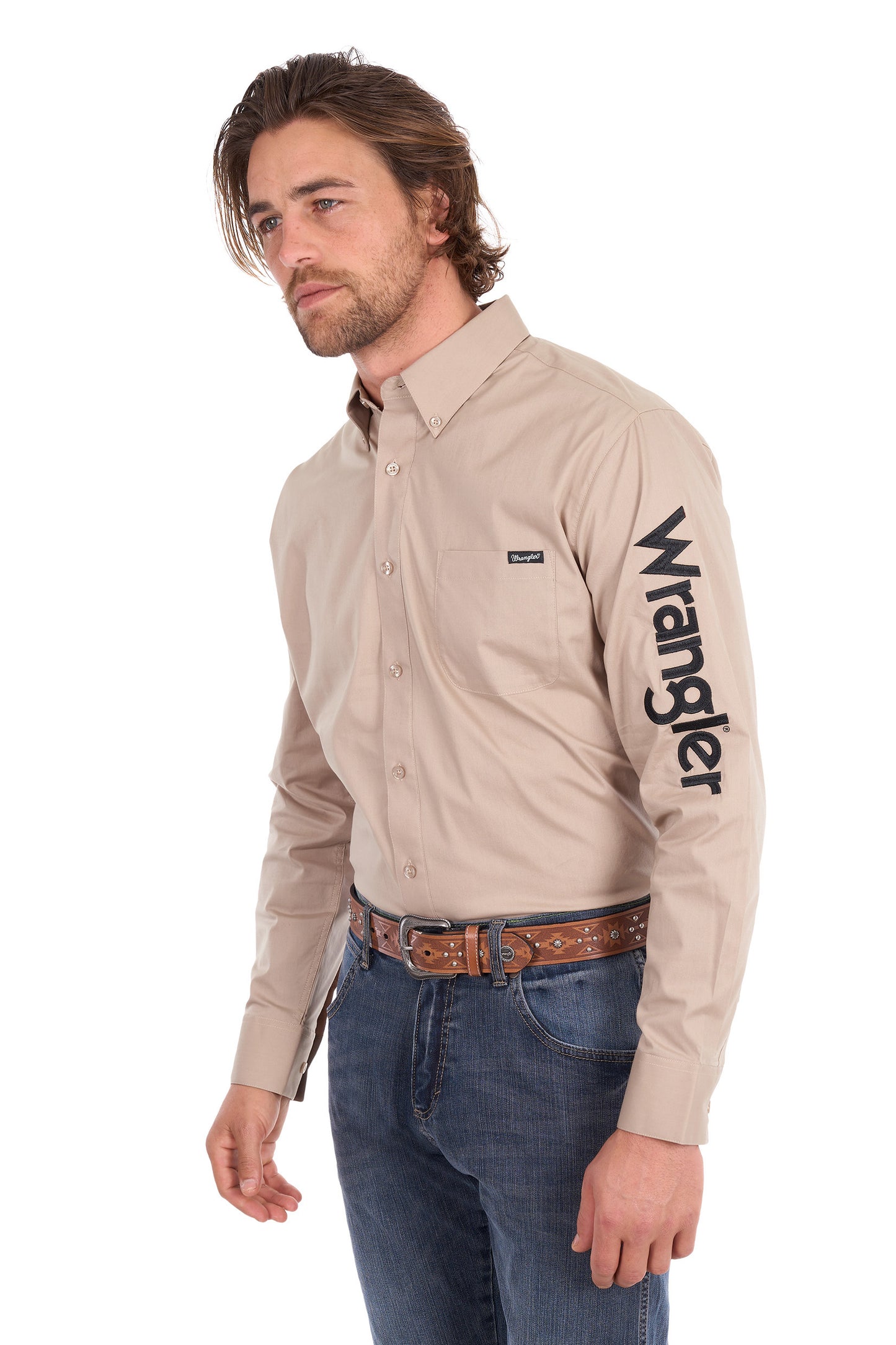 Wrangler Men’s Flex Tech Logo 1-Pocket Button Down Long Sleeve Shirt - Sand