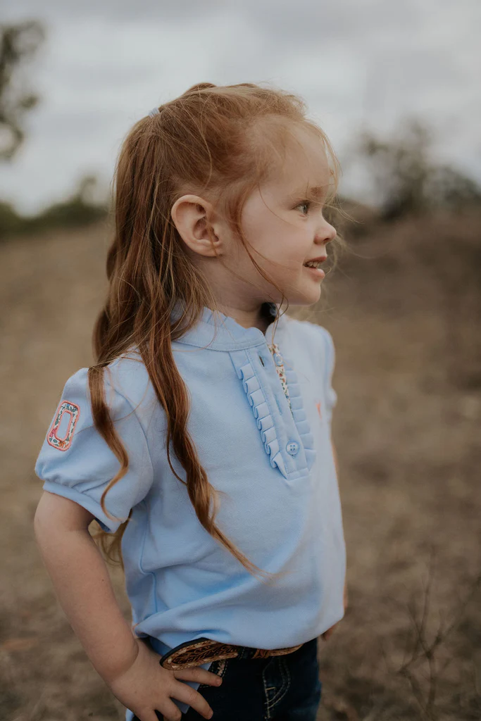 Little Windmill Clothing Co. Girls "Alana" Ice Blue Floral Ruffle Contrast Polo