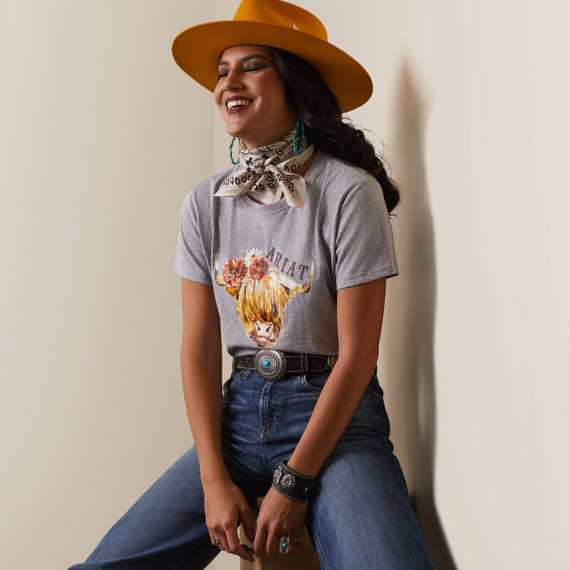 ARIAT WMS REAL HIGHLANDER ROSE SS TSHIRT HEATHER GREY