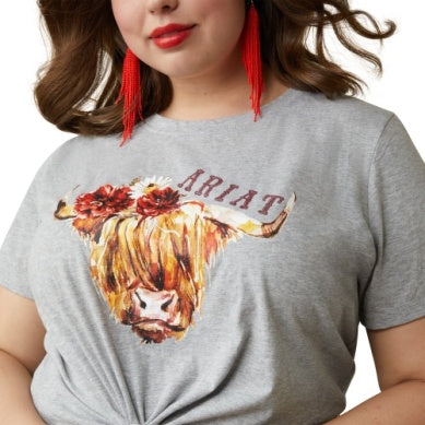 ARIAT WMS REAL HIGHLANDER ROSE SS TSHIRT HEATHER GREY