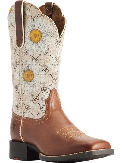 ARIAT LADIES ROUND UP WIDE SQUARE TOE CANYON BROWN / DAISY LOGO PRINT