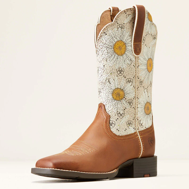 ARIAT LADIES ROUND UP WIDE SQUARE TOE CANYON BROWN / DAISY LOGO PRINT