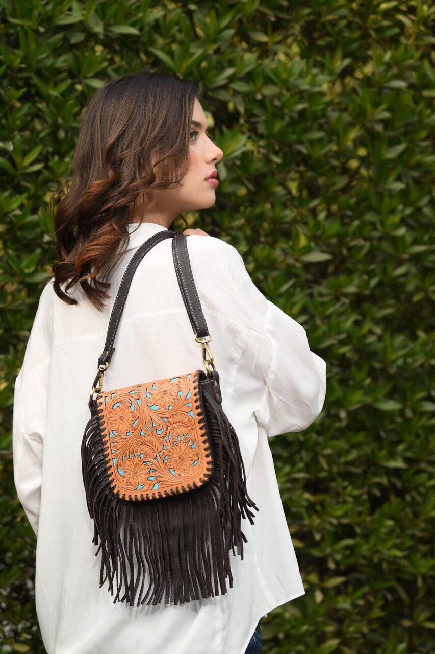 The Design Edge TLB-14 Tooling Leather Hand Carved Flap Sling Bag with Turquoise Base