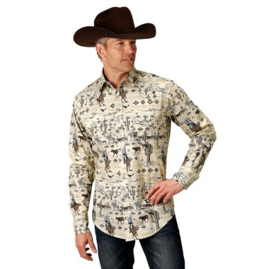 Roper Mens Vintage Collection Long Sleeve Print Brown Shirt 03-001-0482-0614