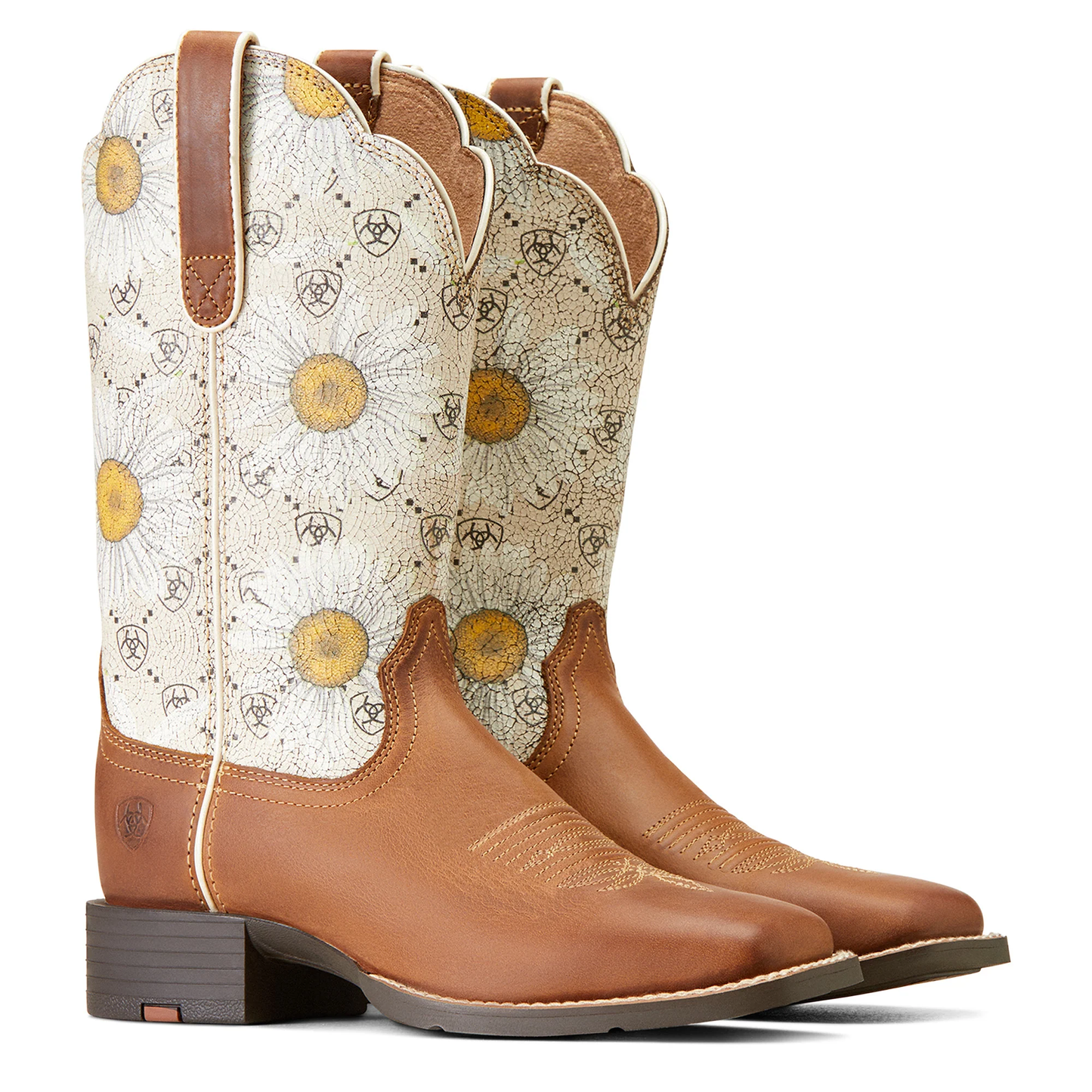 ARIAT LADIES ROUND UP WIDE SQUARE TOE CANYON BROWN / DAISY LOGO PRINT