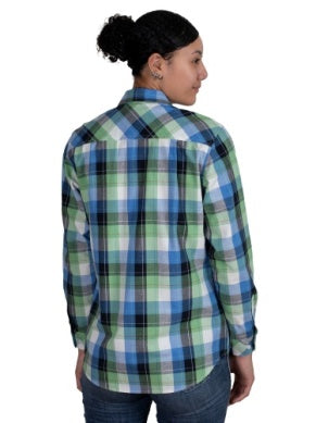 Just Country Womens Abbey Full Button Work Shirt Lime Green / Blue Plaid