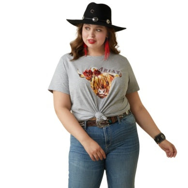 ARIAT WMS REAL HIGHLANDER ROSE SS TSHIRT HEATHER GREY