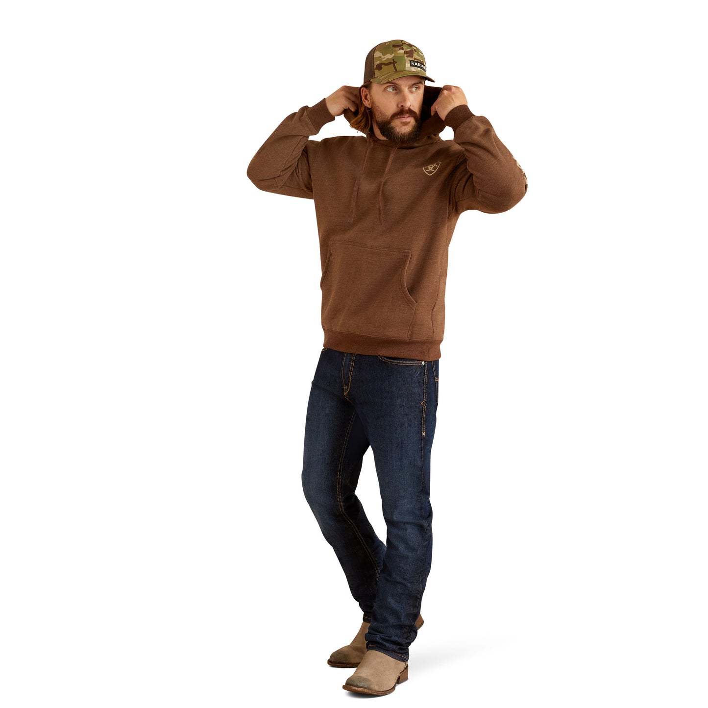 Ariat Mens Logo Hoodie Chestnut Heather/ Tan