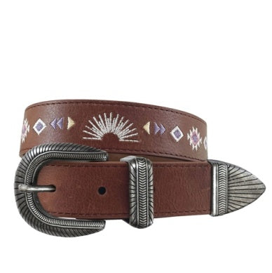 Roper Girl's Belt 1.1/4" Buffalo Leather with Aztec Embroidery Brown