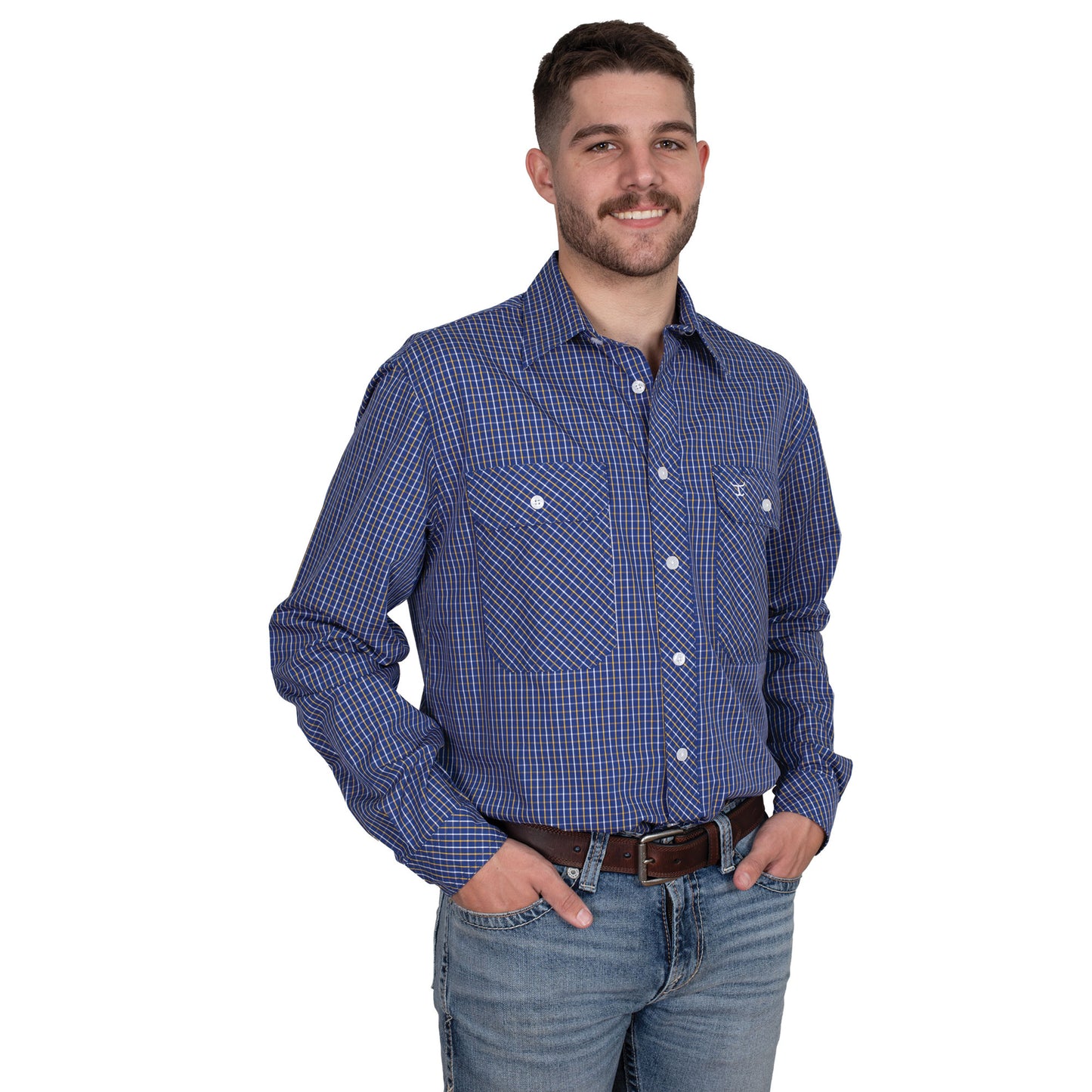 Just Country Men's Austin Full Button Workshirt -Cobalt/White/Yellow Check - MWLS2533