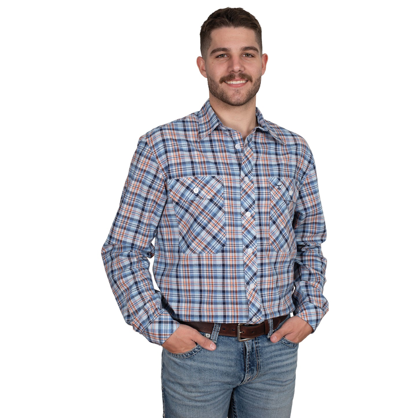 Just Country Men's Austin Full Button Workshirt -Blue/Navy/Orange Plaid MWLS2534