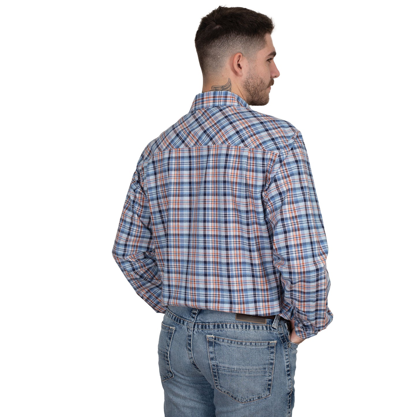 Just Country Men's Austin Full Button Workshirt -Blue/Navy/Orange Plaid MWLS2534