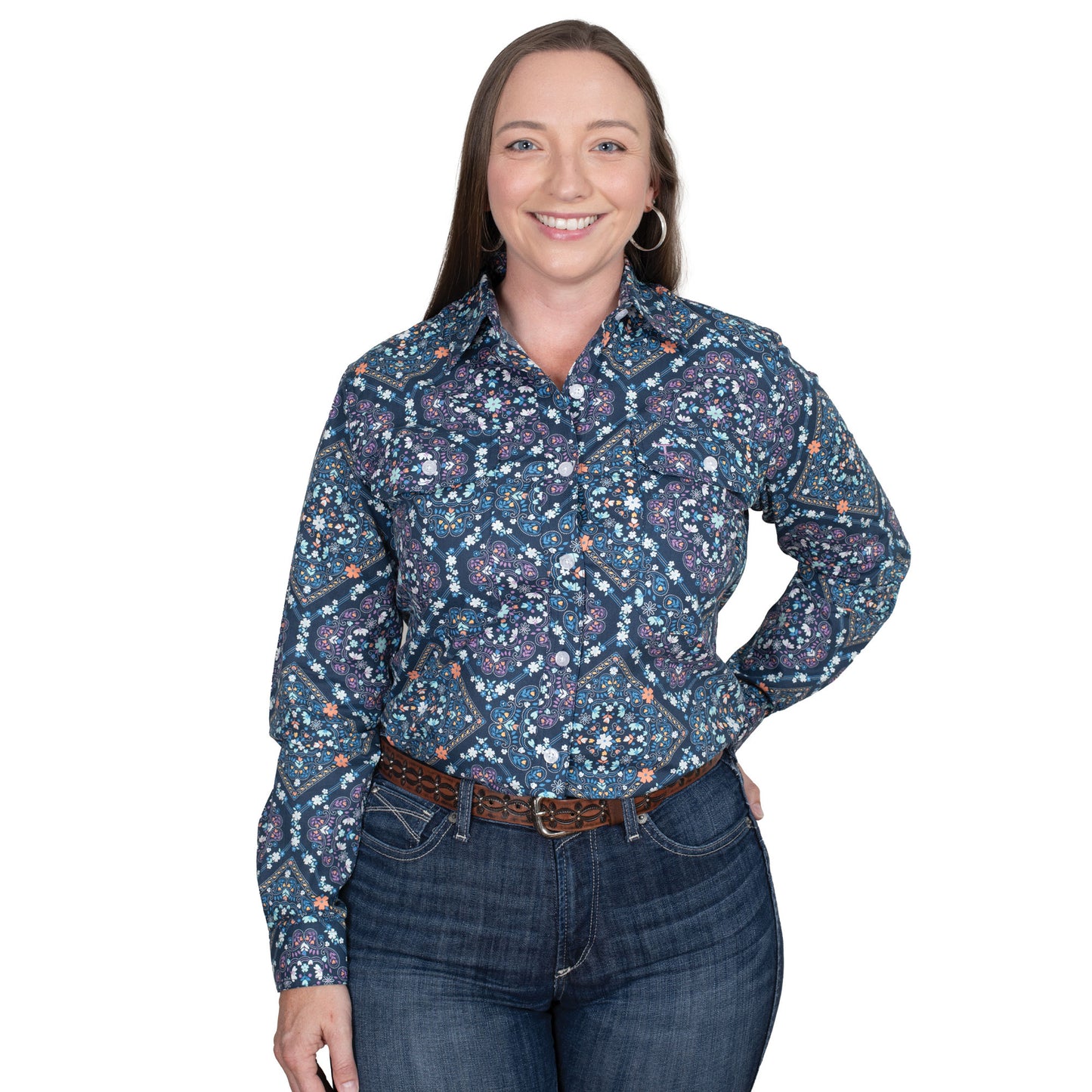 Just Country Women's Abbey Full Button Workshirt - Navy Floral Tiles WWLS2550