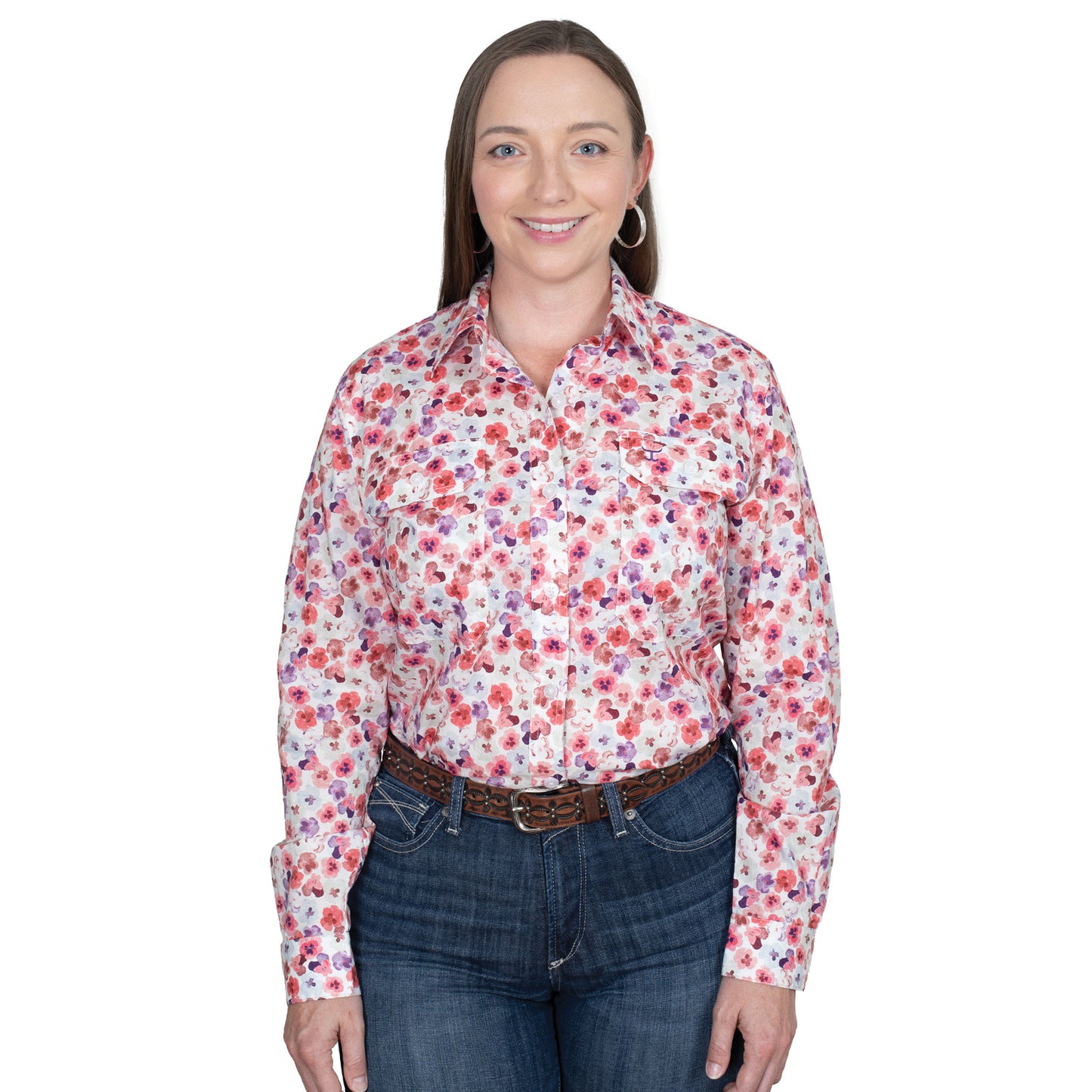 Just Country Women's Abbey Full Button Workshirt - White Pansies WWLS2555