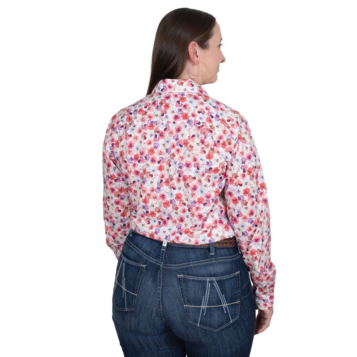 Just Country Women's Abbey Full Button Workshirt - White Pansies WWLS2555