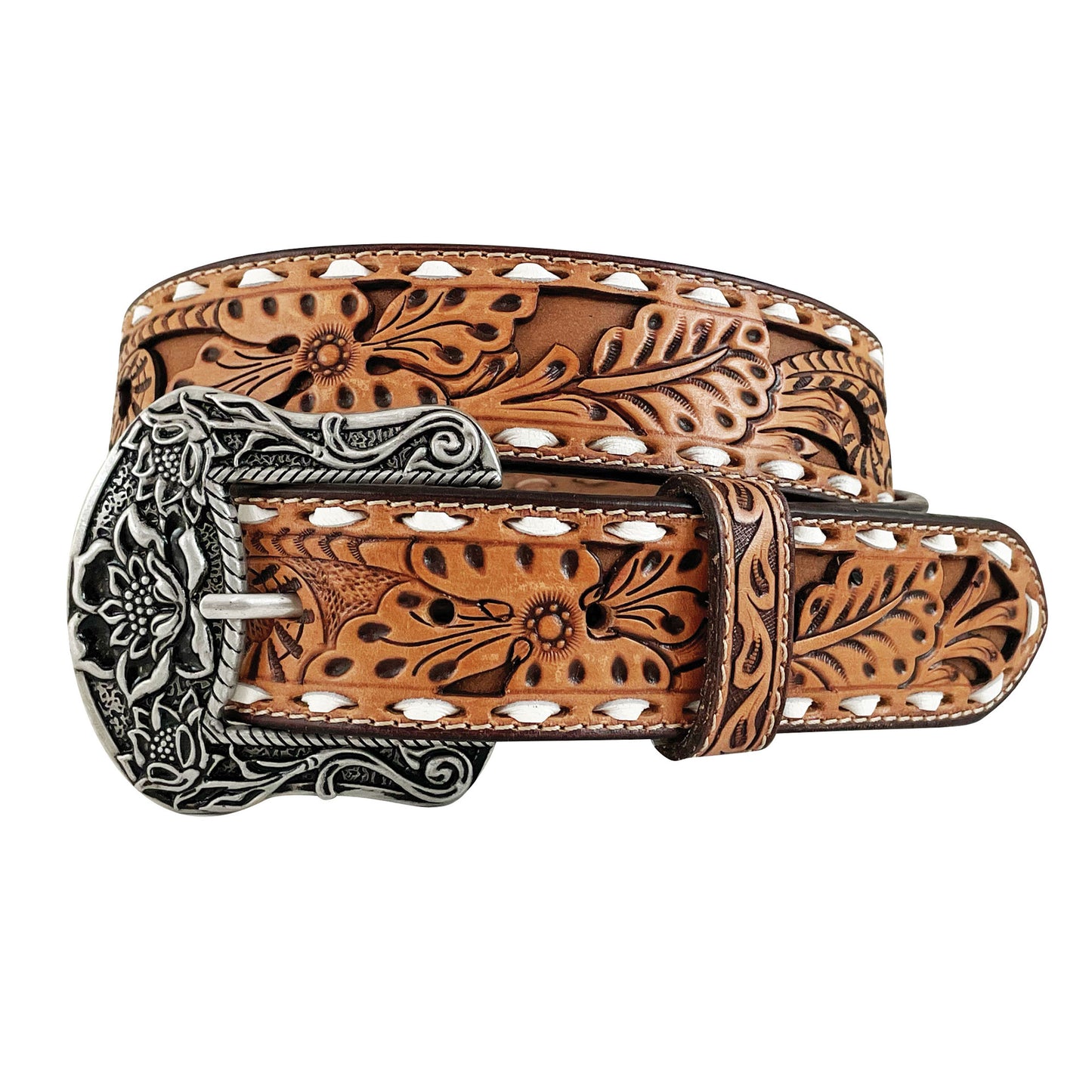 Roper Women's Belt 1.1/2" Genuine Leather Floral Hand Tooling With Cutouts Tan 8873790-210