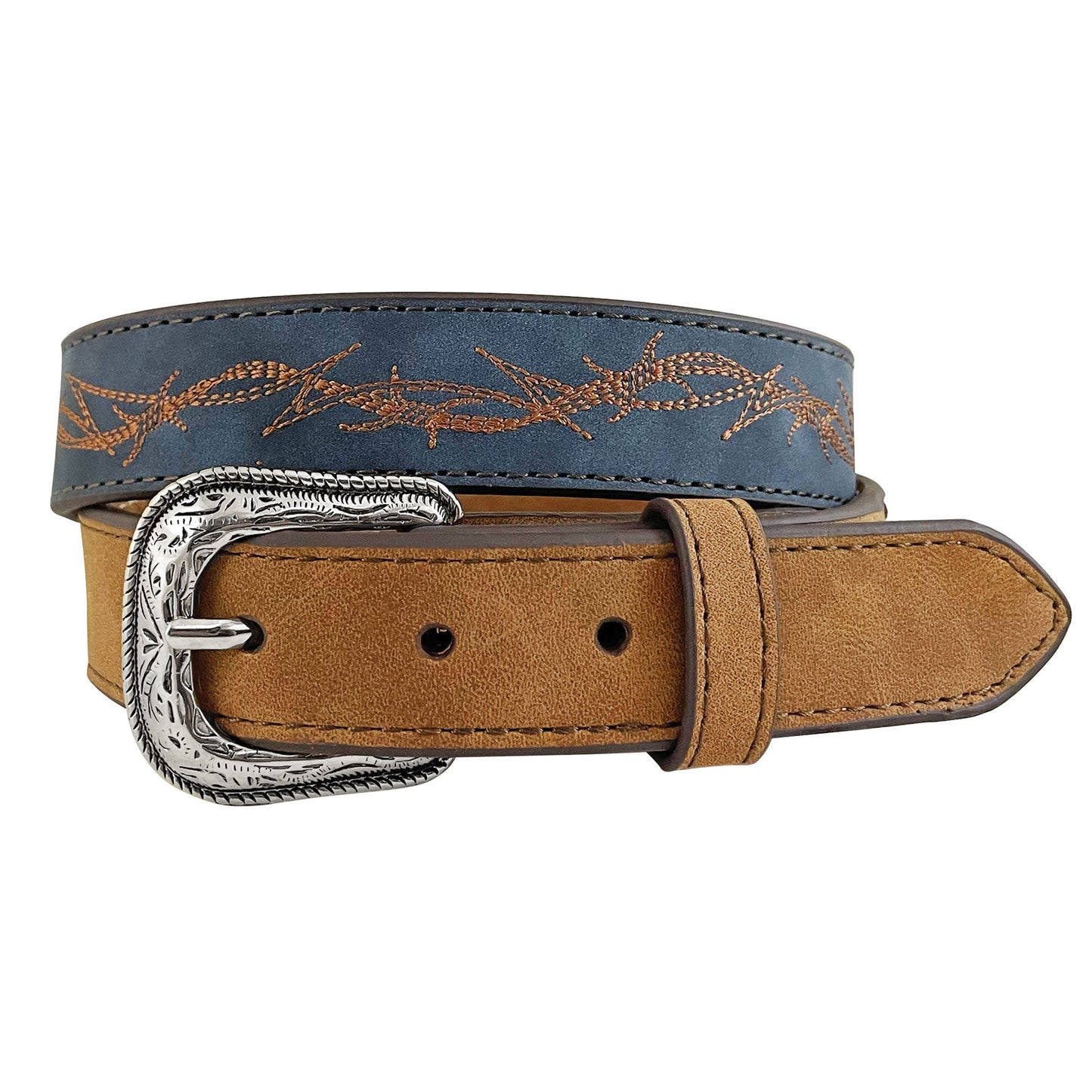 Roper Boy's Belt 1.1/4" Genuine Leather Embroidered Barbed Wire Brown/Blue