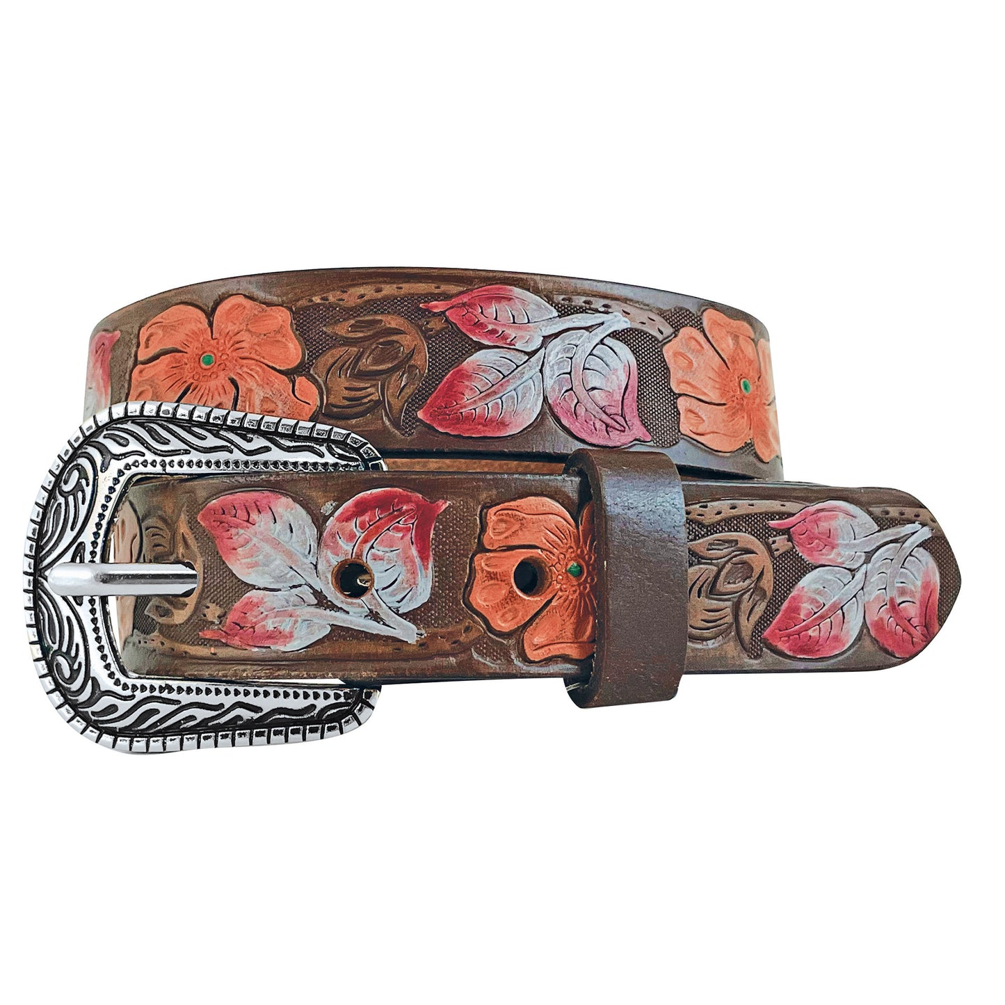 Roper Girl's Belt 1.1/4" Genuine Buffalo Leather Hand Painted Floral Embossed Brown