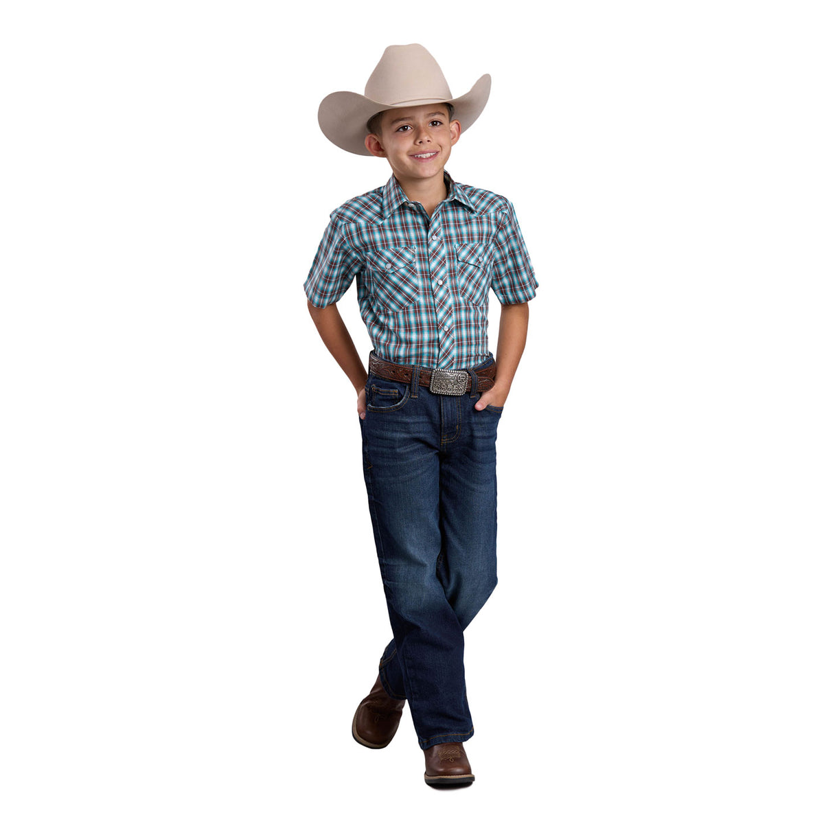 Roper Boy's Karman Classic 55/45 Short Sleeve Shirt - Plaid Brown 01-031-0101-4073