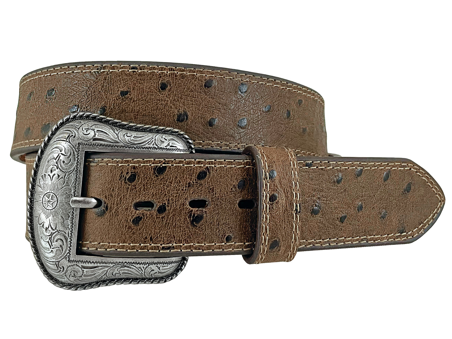 Roper Mens Belt 1.1/2" Genuine Leather with Ostrich Print Cocoa