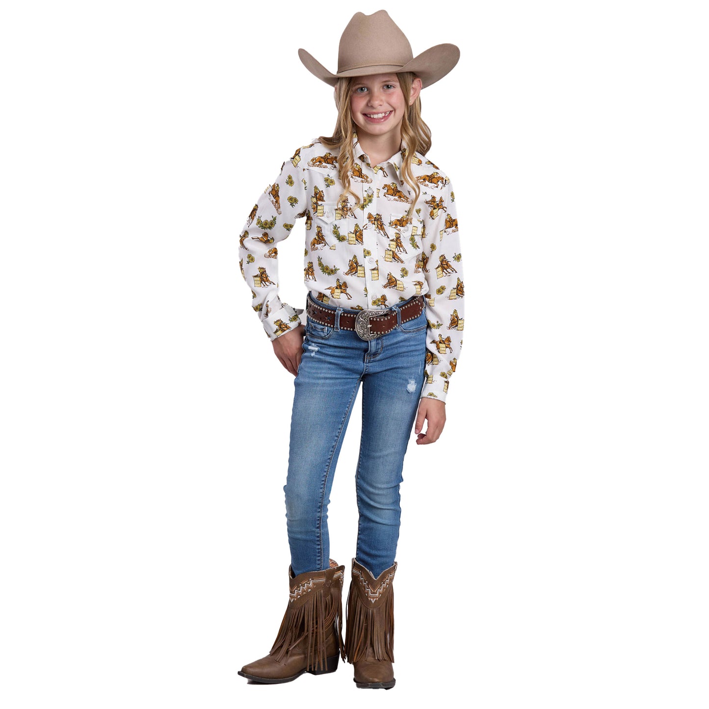 Roper Girl's Five Star Collection Long Sleeve Shirt White Print 03-080-0590-2058