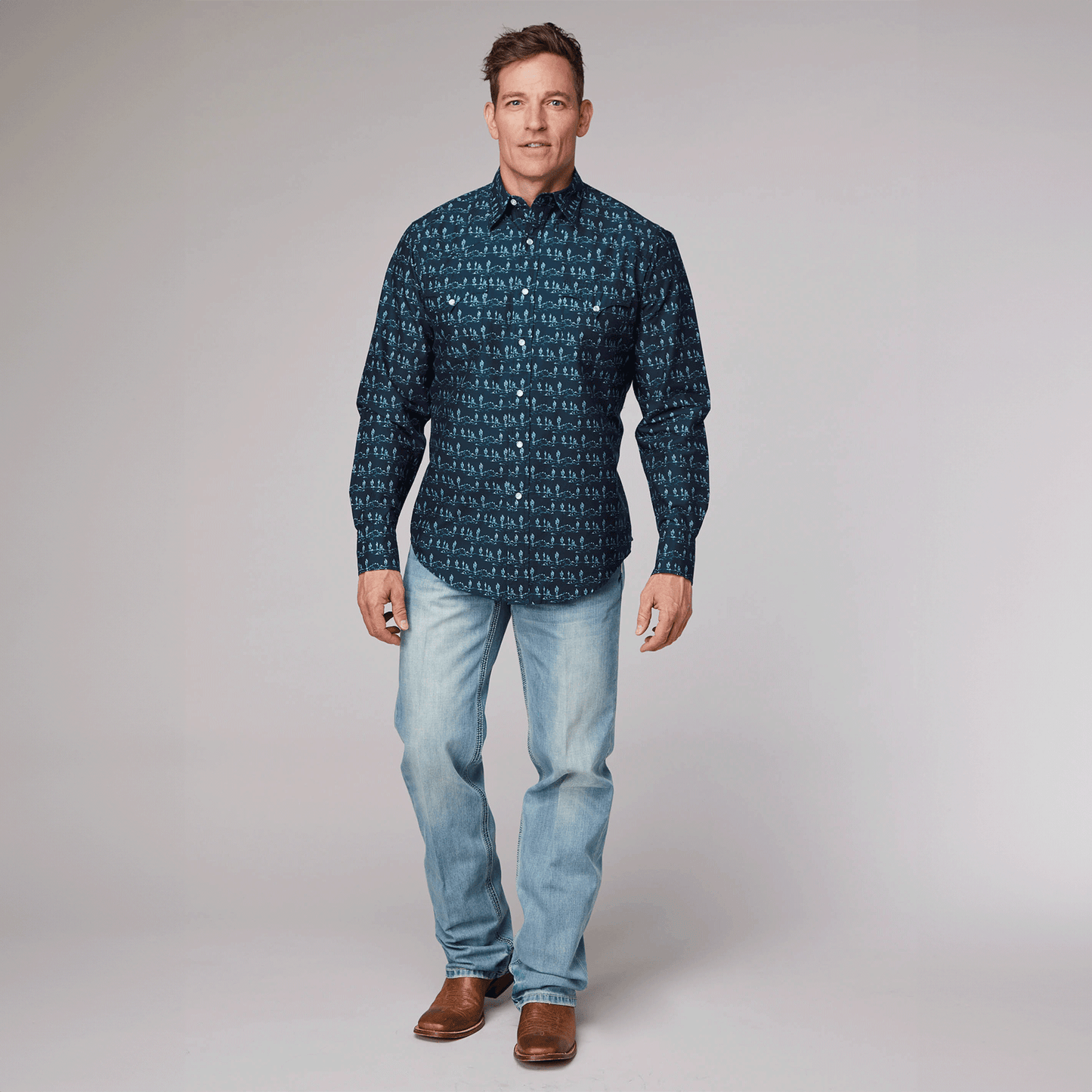 Roper Mens West Made Collection Long Sleeve Blue Print Shirt 03-001-0064-0469