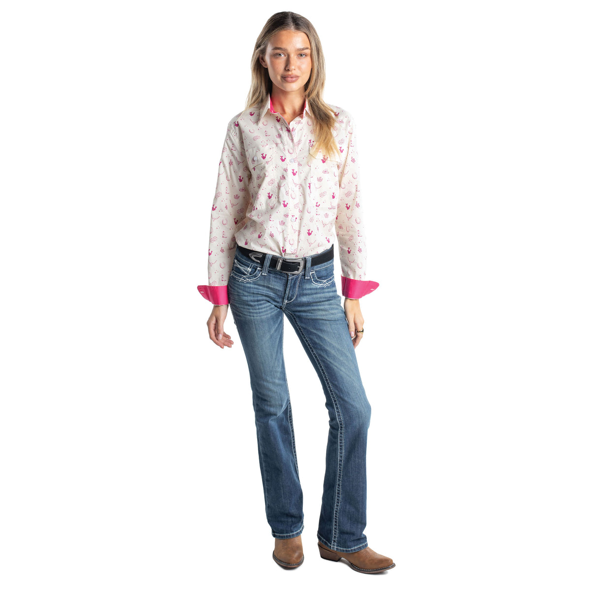 Just Country Women's Abbey Full Button Long Sleeve Shirt -Cream & Fuchsia Western Print / Hot Pink WWLS2679