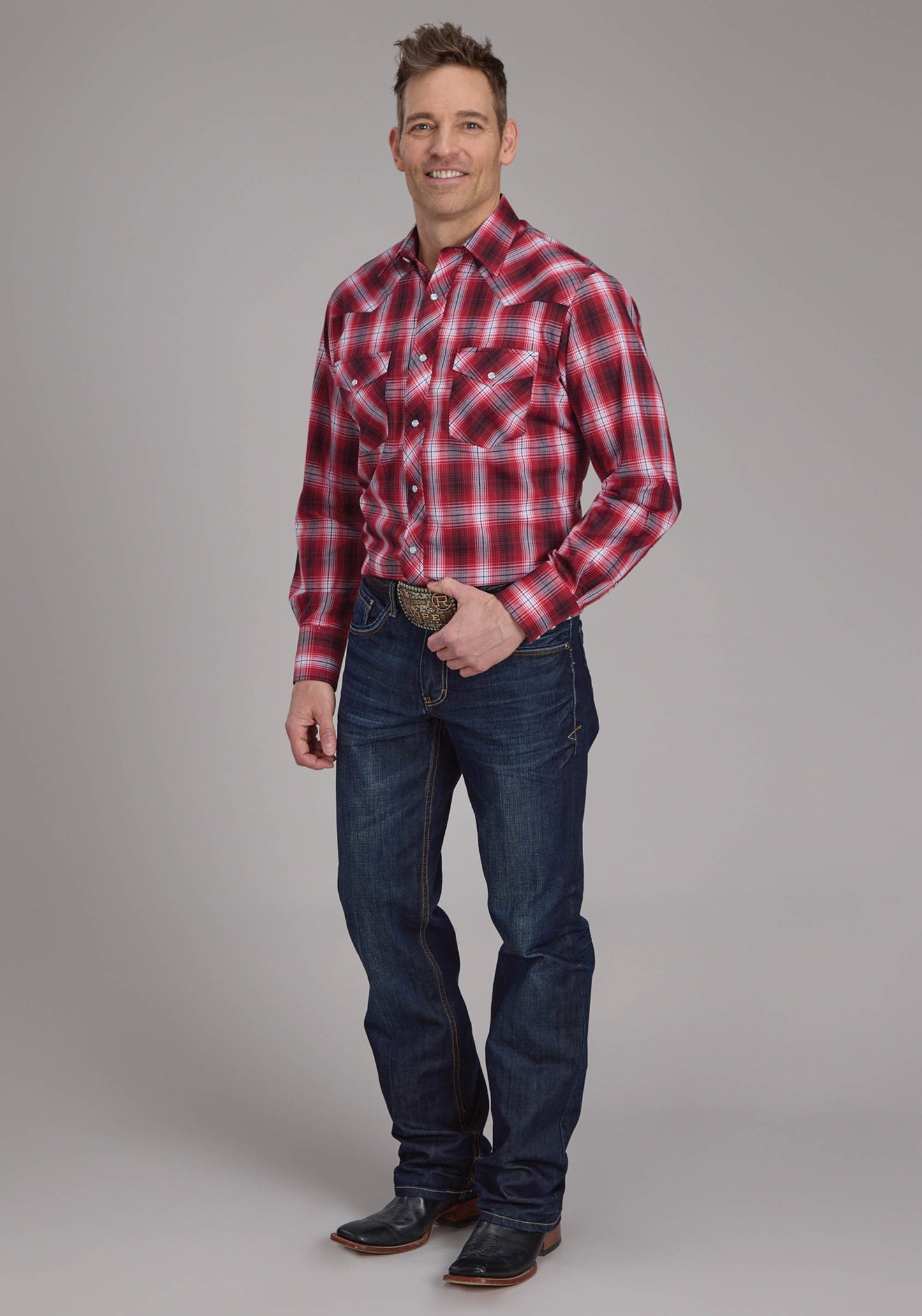 Roper Mens Karman Classic 55/45 Collection Long Sleeve Shirt Plaid Red 01-001-0101-1073