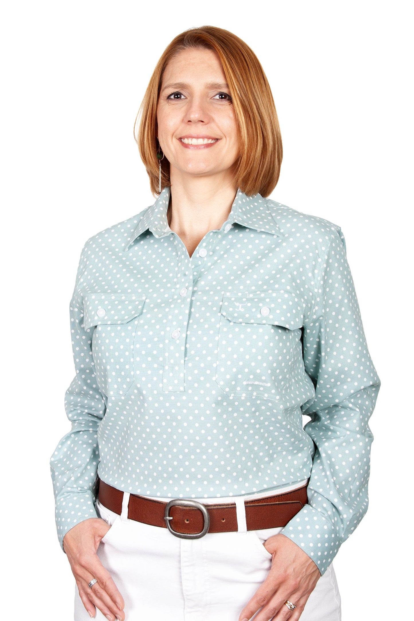 JUST COUNTRY WMNS GEORGIE HALF BUTTON GREEN POLKADOTS