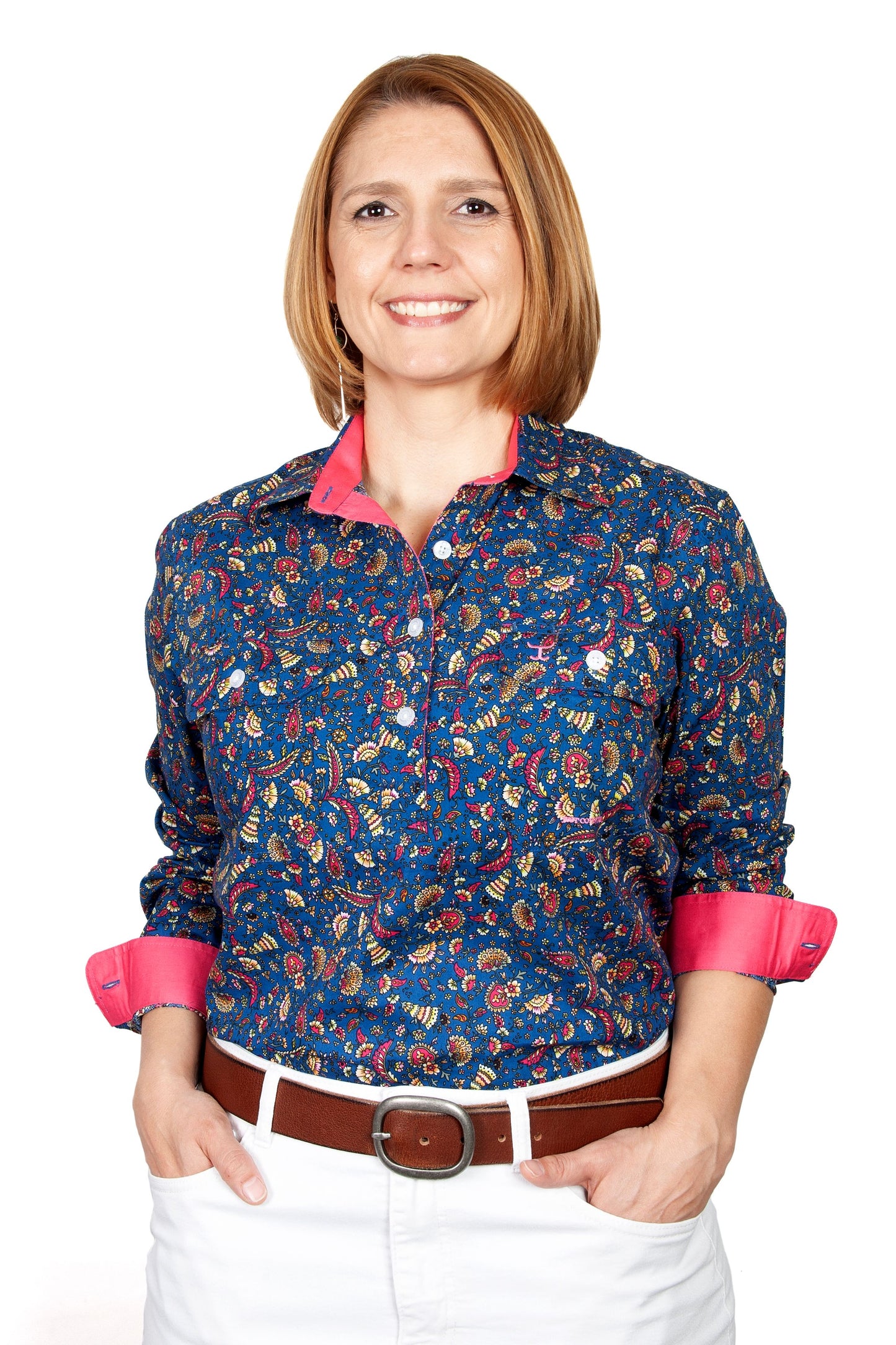 JUST COUNTRY WMNS GEORGIE HALF BUTTON DENIM BLUE GARDEN