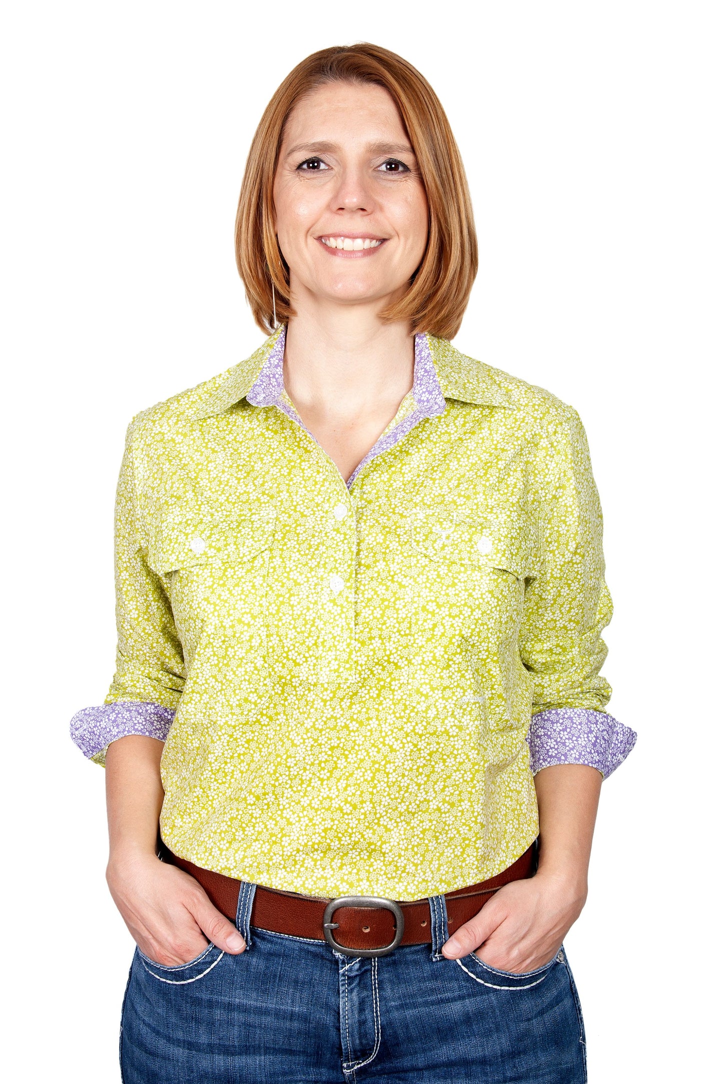 JUST COUNTRY WMNS GEORGIE HALF BUTTON LIME STARFLOWER