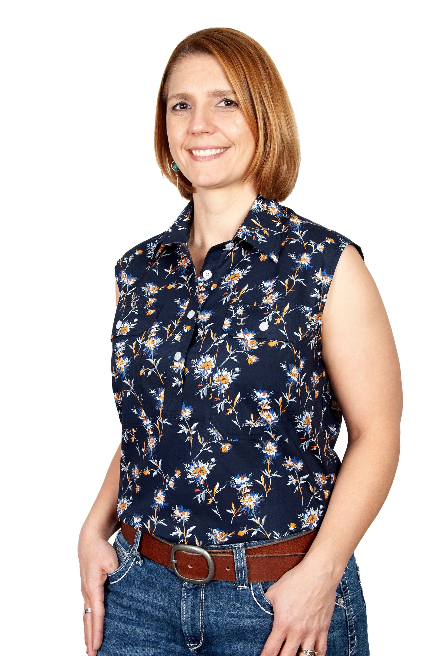 JUST COUNTRY WMNS LILLY HALF BUTTON SLEEVLESS NAVY DANDELION