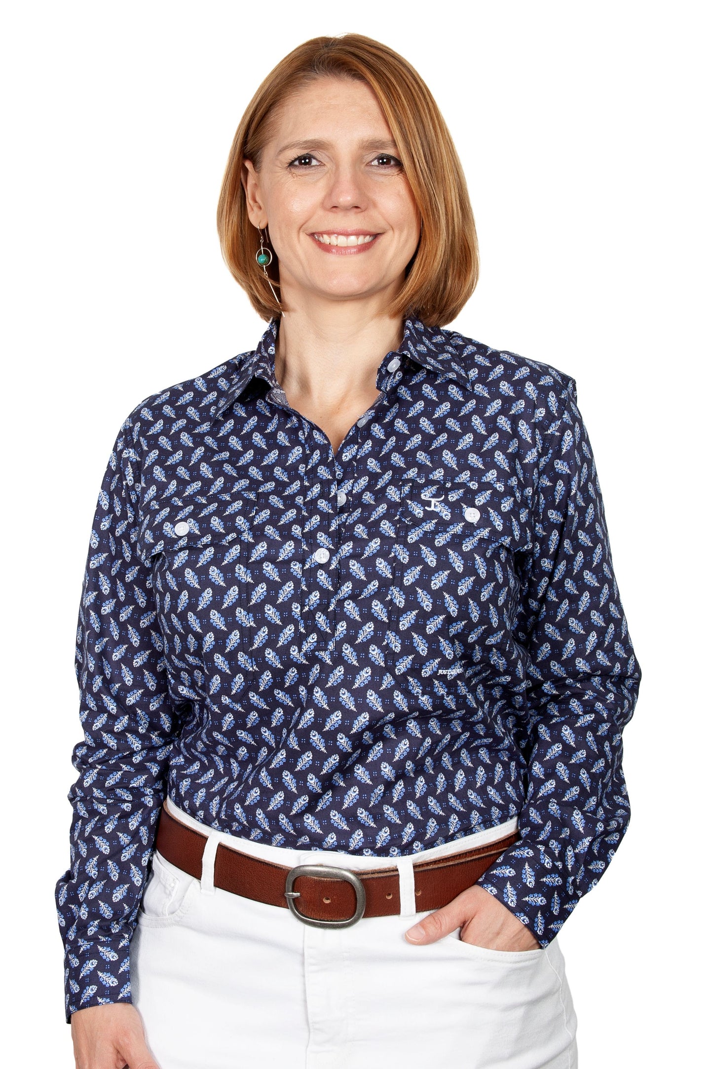 JUST COUNTRY WMNS GEORGIE HALF PRINT NAVY/ PEACOCK FEATHERS