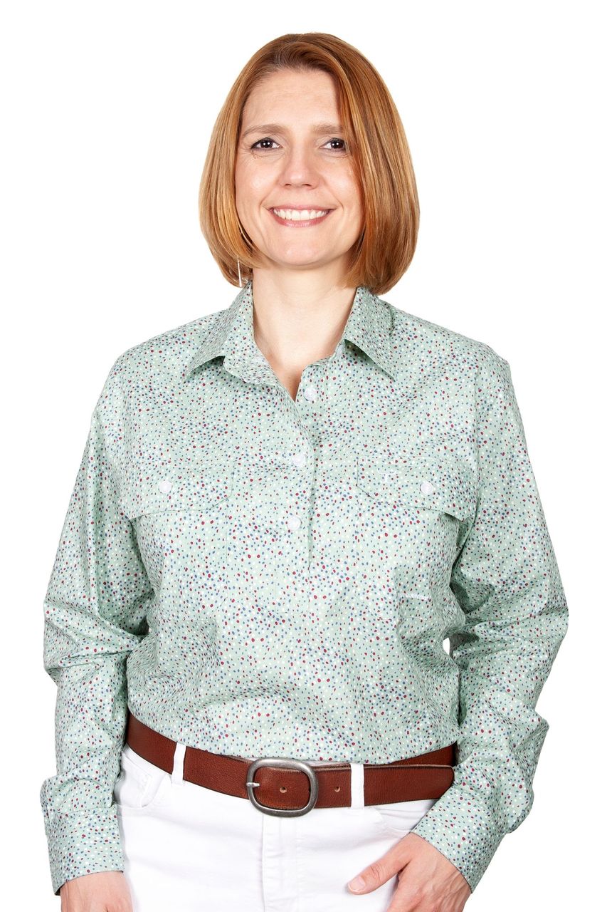 JUST COUNTRY WMNS GEORGIE HALF BUTTON LICHEN GREEN SPOTS