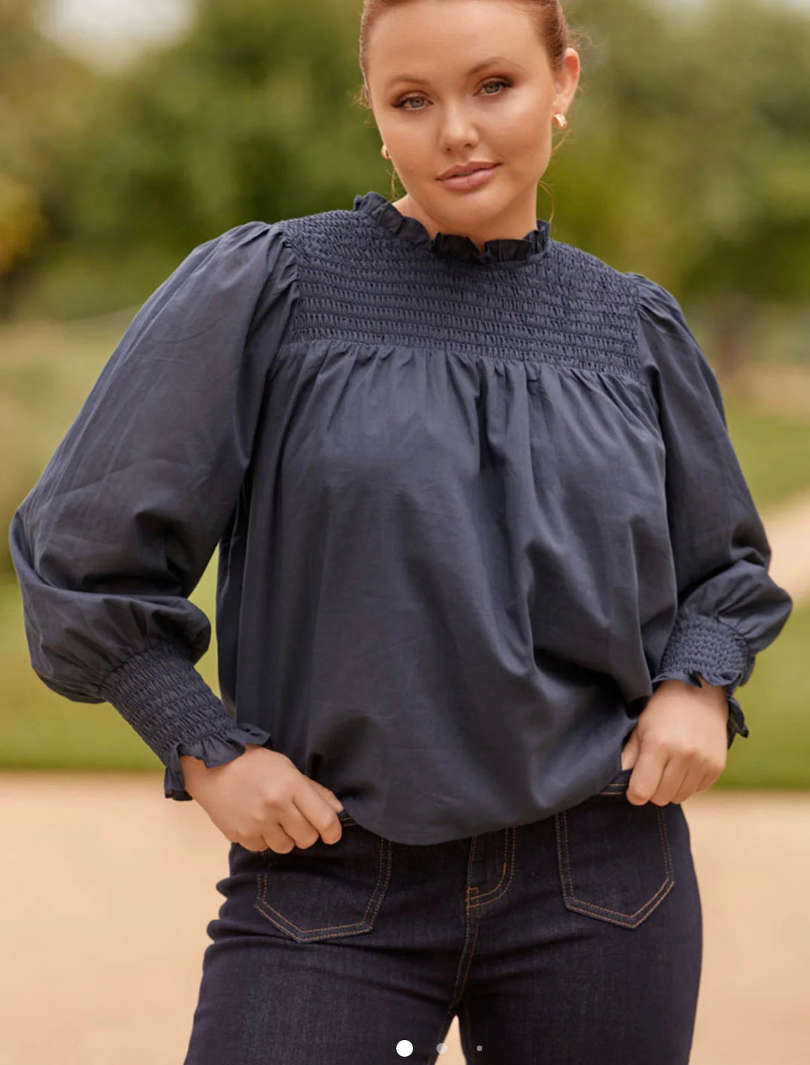 ADORNE VALENTINA SHIRRED TOP NAVY