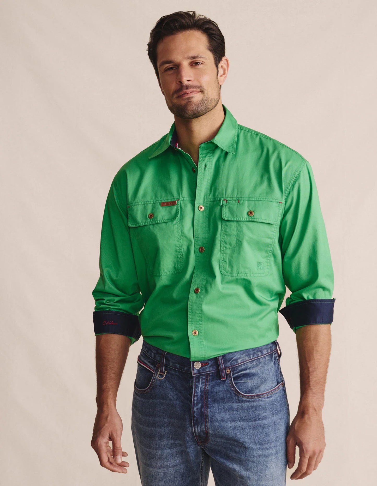 Kidman Mens Armstrong Long Sleeve Full Button Workshirt - Green