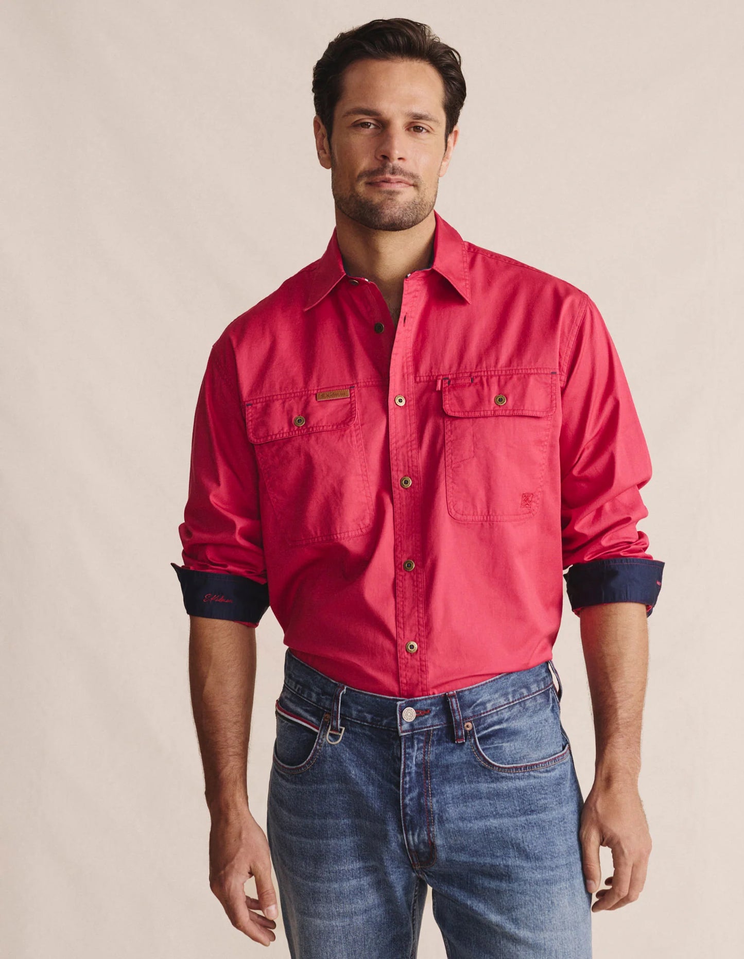 Kidman Mens Armstrong Long Sleeve Full Button Workshirt - Red